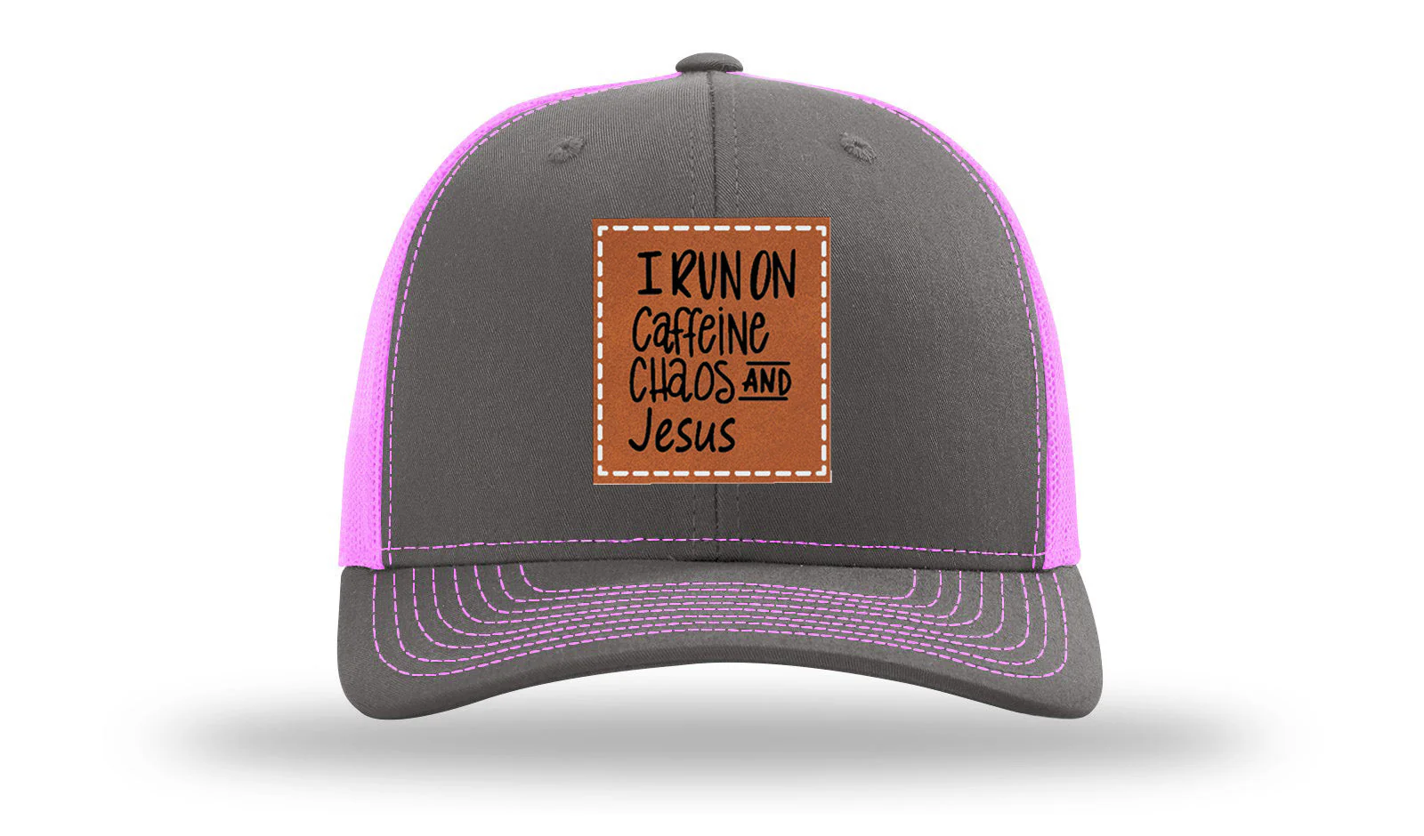 I Run on Caffeine Choas and Jesus Leather Patch Richardson 112 Hat - Image 15