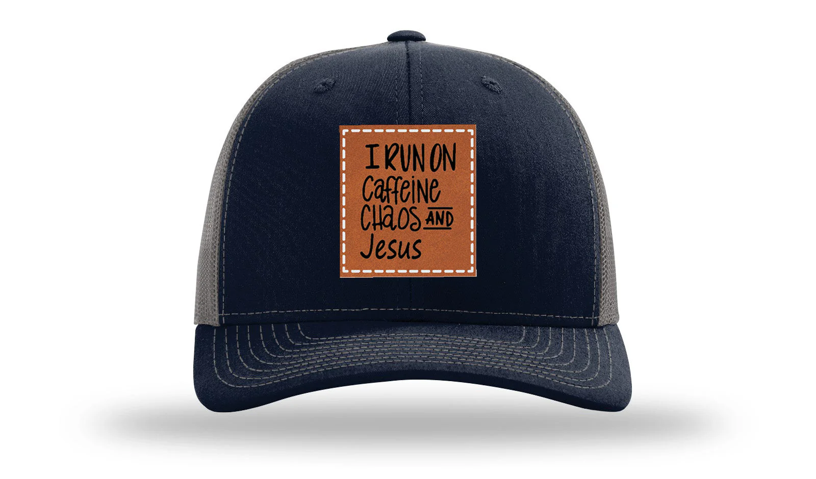 I Run on Caffeine Choas and Jesus Leather Patch Richardson 112 Hat - Image 27