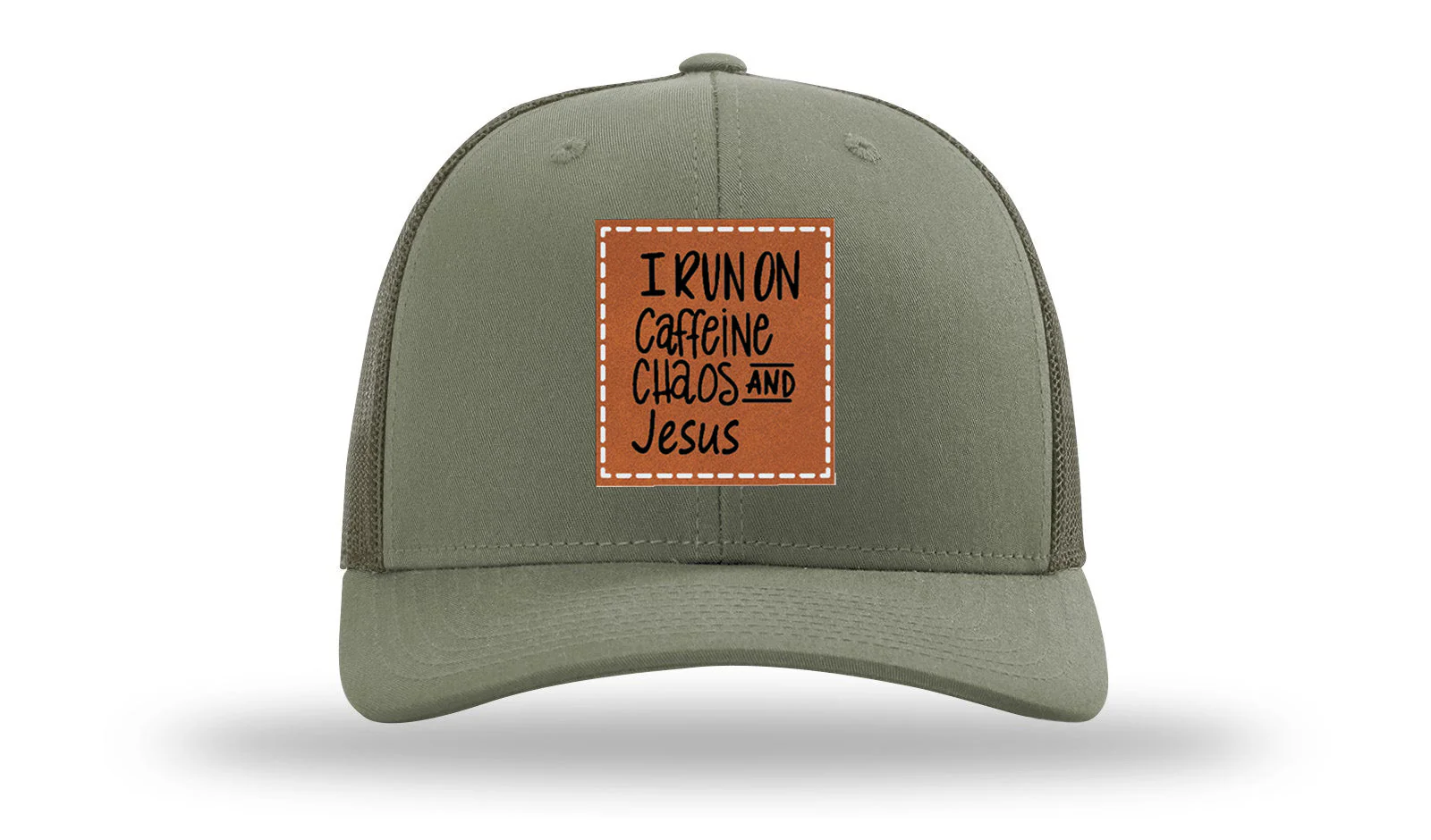 I Run on Caffeine Choas and Jesus Leather Patch Richardson 112 Hat - Image 3
