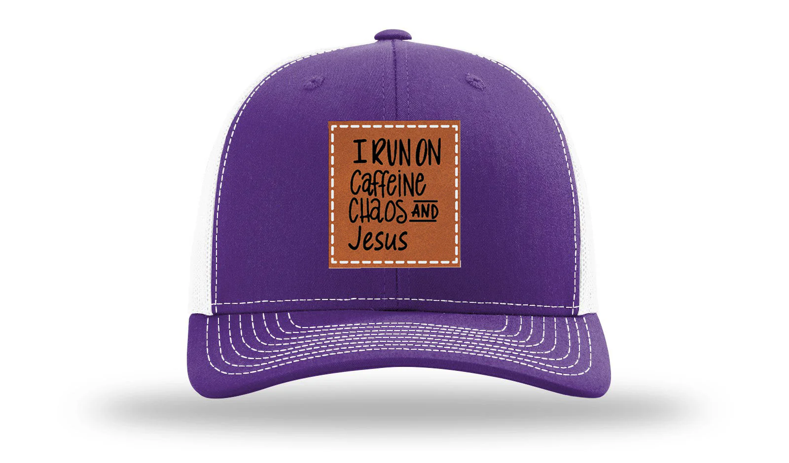 I Run on Caffeine Choas and Jesus Leather Patch Richardson 112 Hat - Image 30