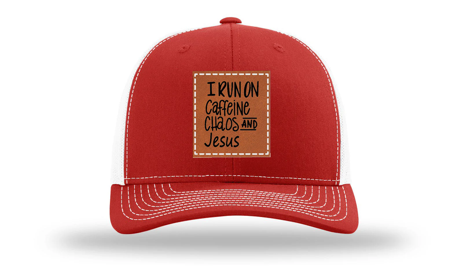 I Run on Caffeine Choas and Jesus Leather Patch Richardson 112 Hat - Image 31