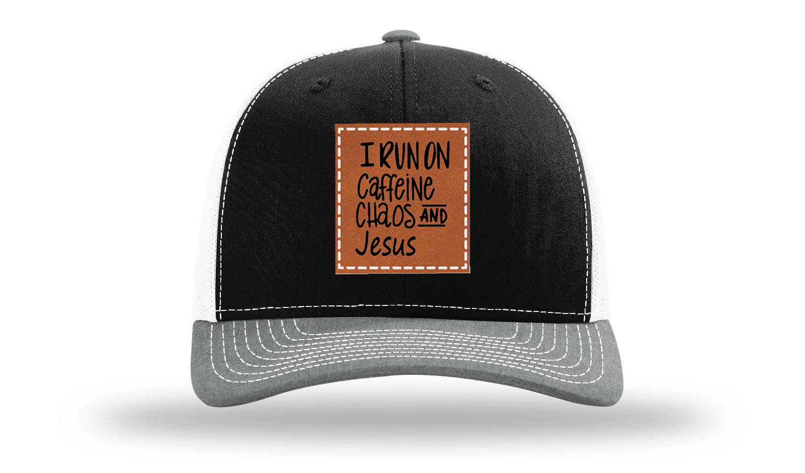 I Run on Caffeine Choas and Jesus Leather Patch Richardson 112 Hat - Image 33