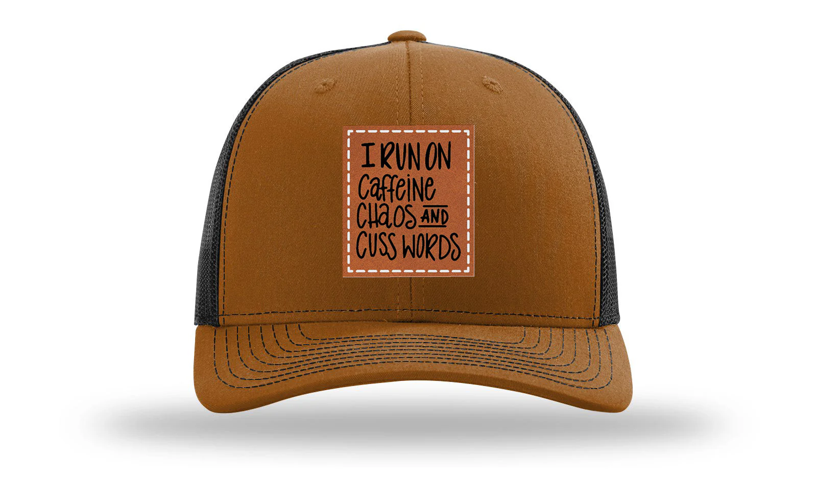 I Run On Caffeine Chaos and Cuss Words Leather Patch Richardson 112 Hat - Image 10
