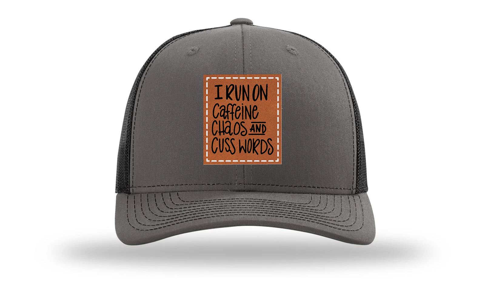 I Run On Caffeine Chaos and Cuss Words Leather Patch Richardson 112 Hat - Image 11