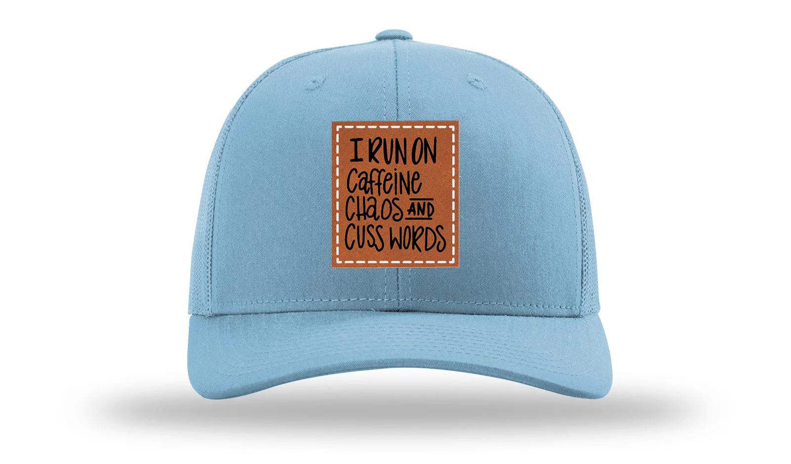 I Run On Caffeine Chaos and Cuss Words Leather Patch Richardson 112 Hat - Image 2