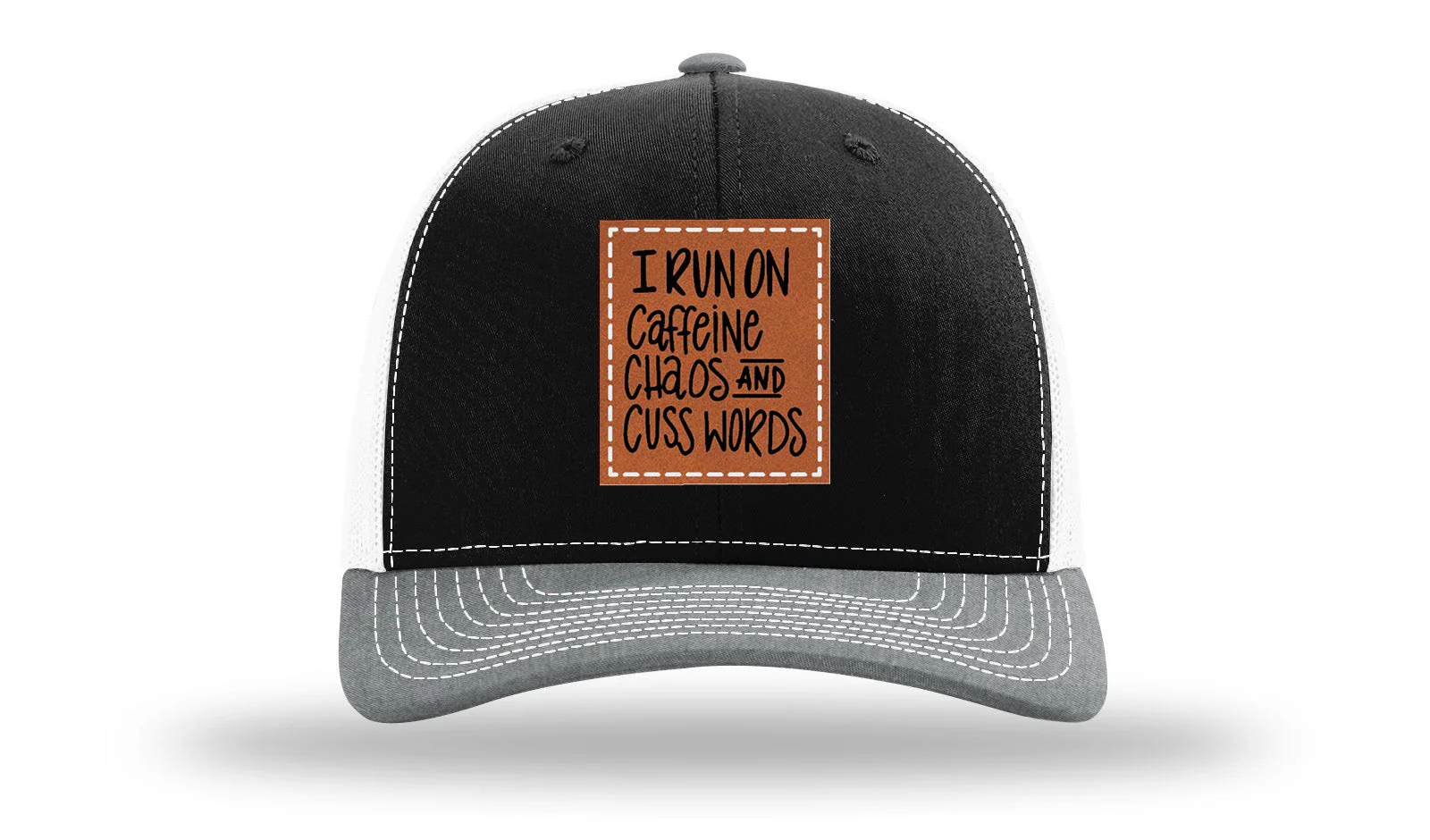 I Run On Caffeine Chaos and Cuss Words Leather Patch Richardson 112 Hat - Image 33