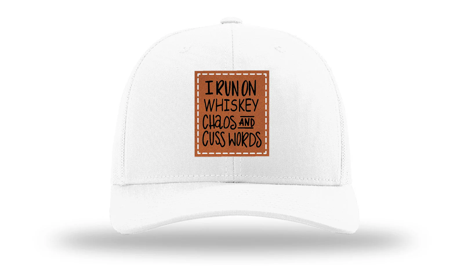 I Run On Whiskey Chaos and Cuss Words Leather Patch Richardson 112 Hat - Image 5