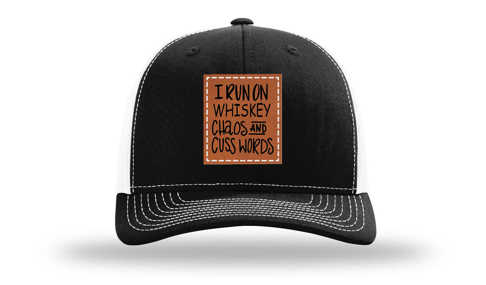 I Run On Whiskey Chaos and Cuss Words Leather Patch Richardson 112 Hat - Image 7