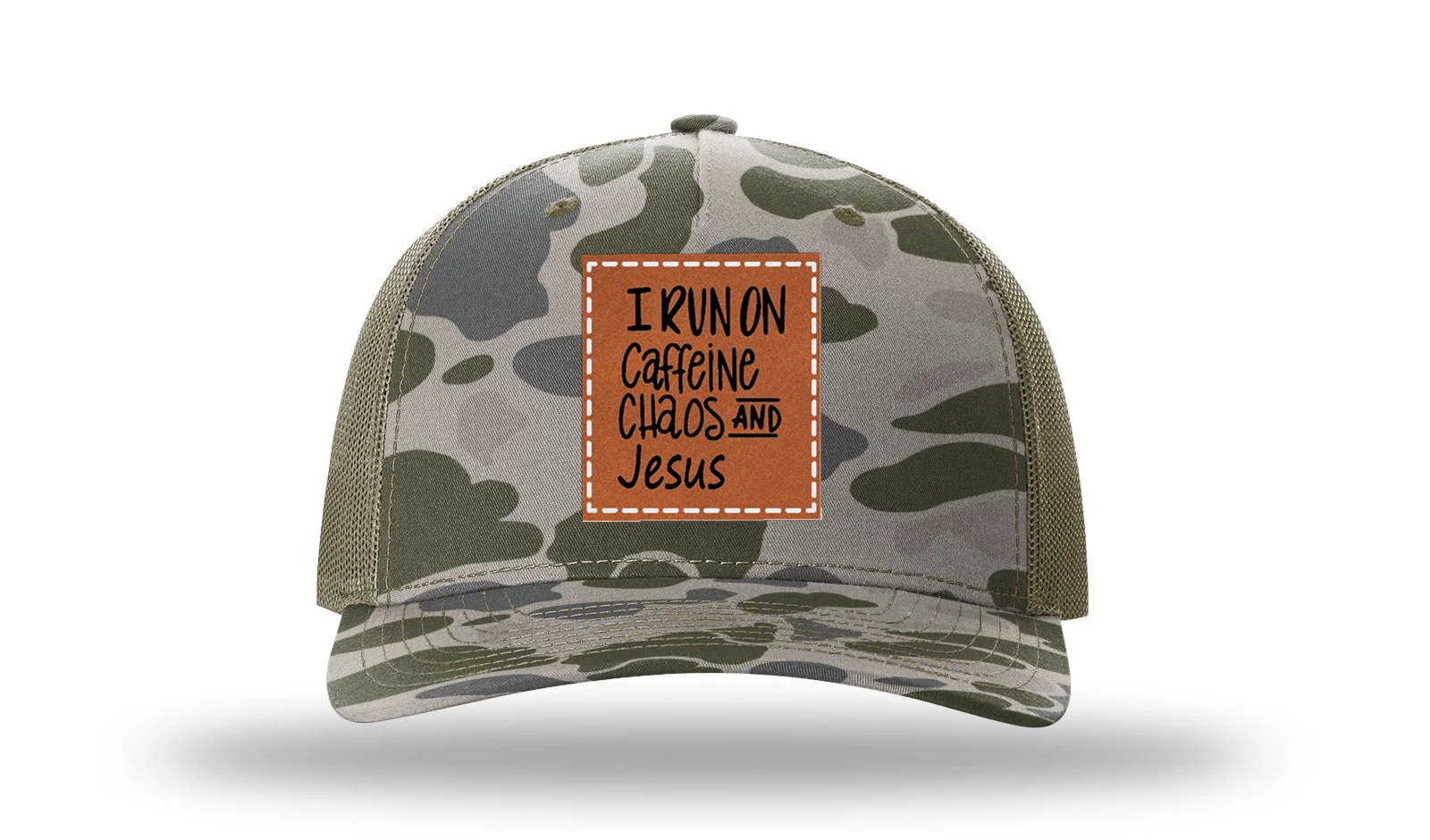 I Run on Caffeine Choas and Jesus Leather Patch Richardson 112PFP Hat