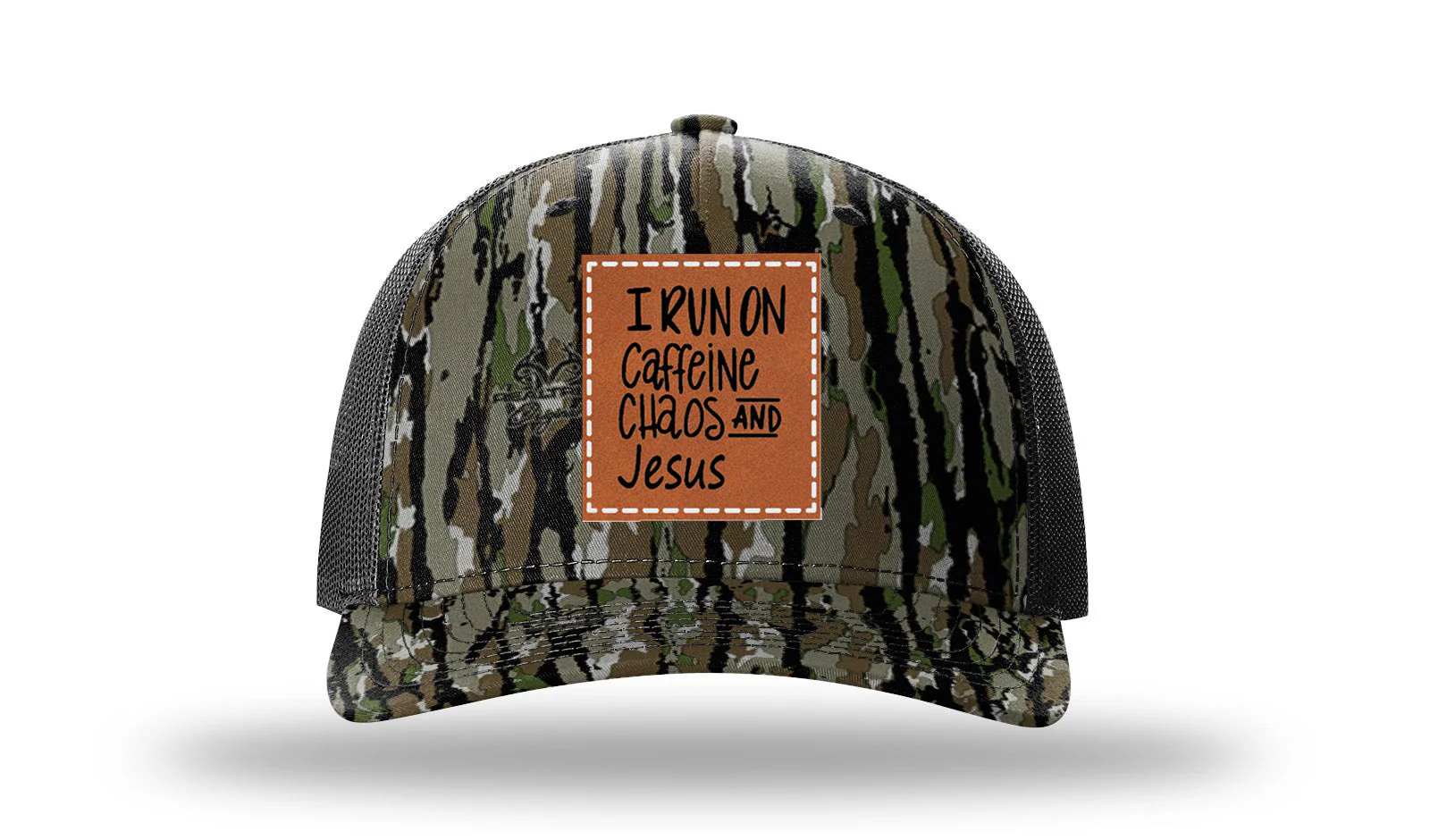 I Run on Caffeine Choas and Jesus Leather Patch Richardson 112PFP Hat - Image 14