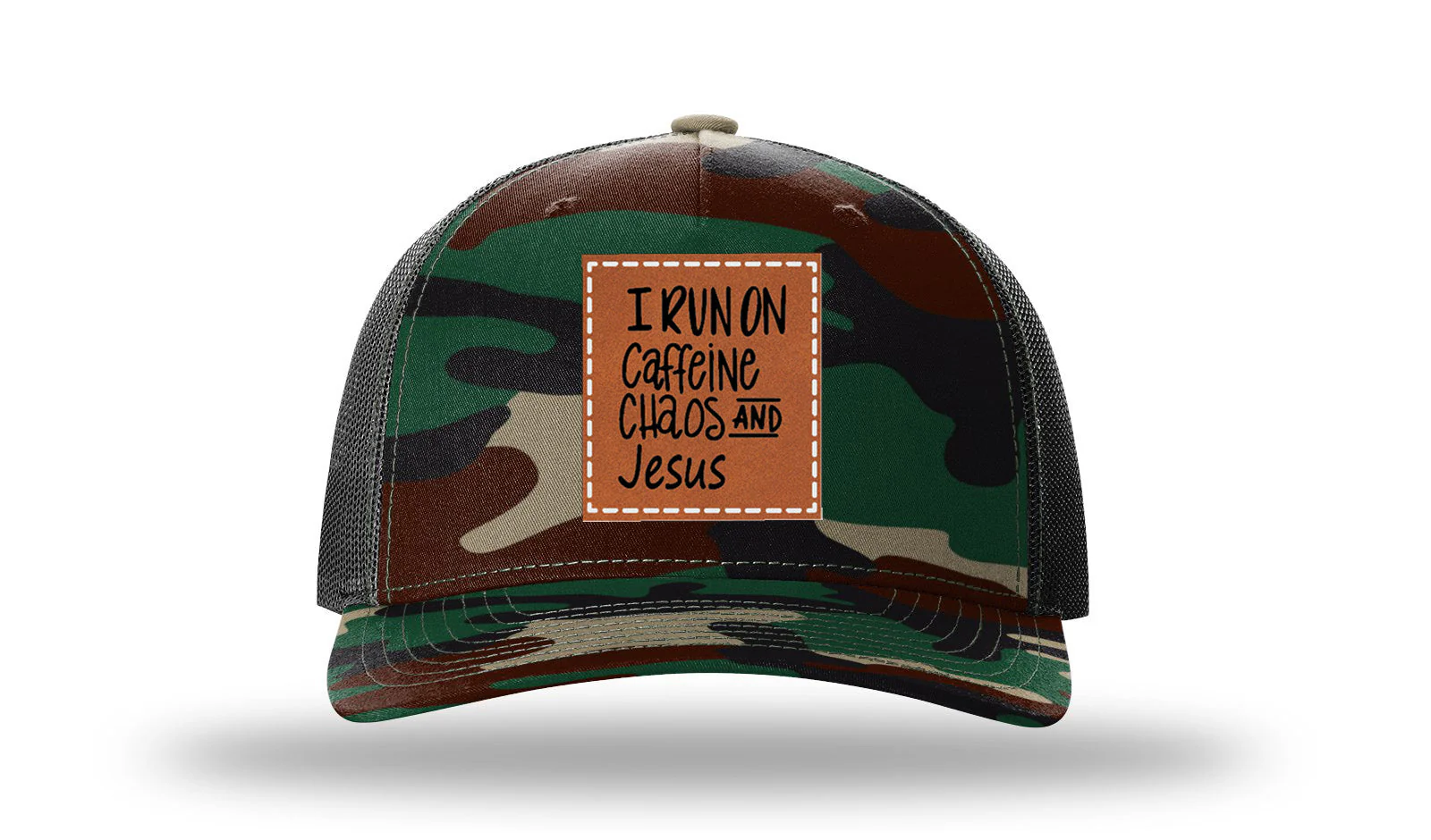 I Run on Caffeine Choas and Jesus Leather Patch Richardson 112PFP Hat - Image 6