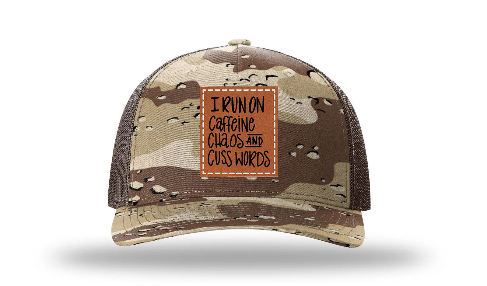I Run On Caffeine Chaos and Cusswords Leather Patch Richardson 112PFP Hat - Image 5